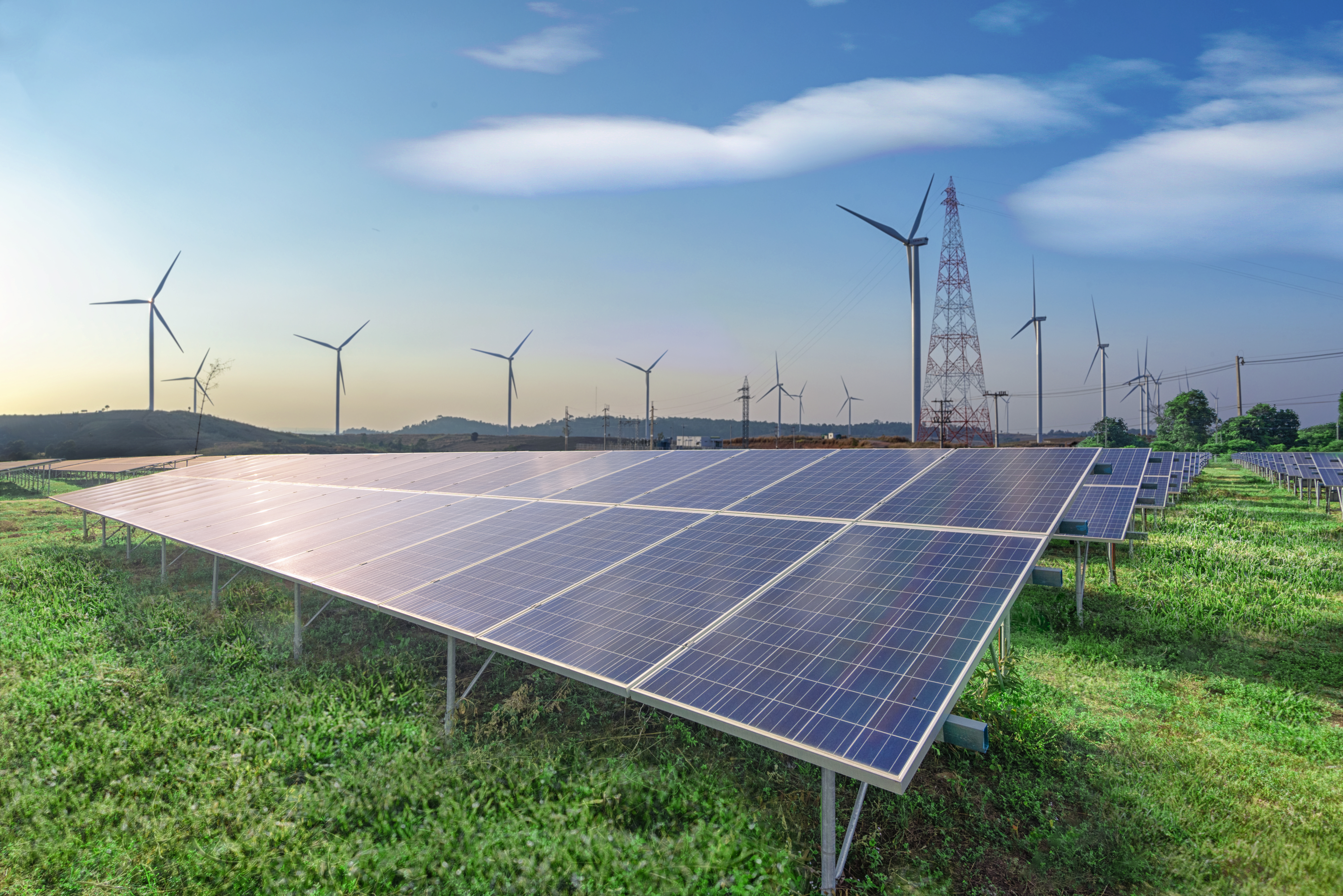 Renewable Energy Solar Panels Wind Turbines Green Grass Blue Sky