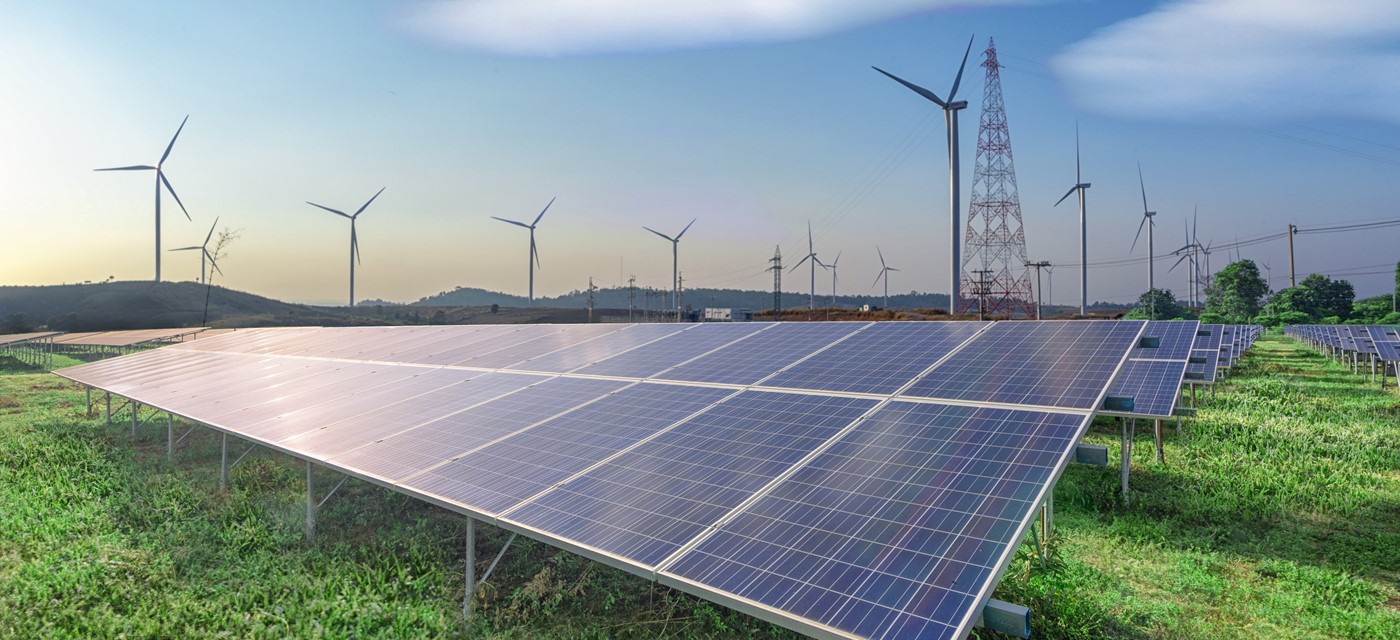 Renewable Energy Solar Panels Wind Turbines Green Grass Blue Sky