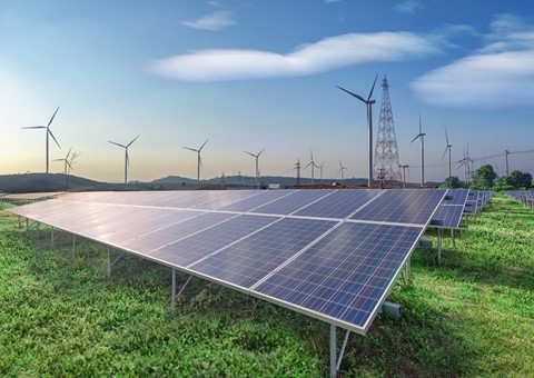 Renewable Energy Solar Panels Wind Turbines Green Grass Blue Sky