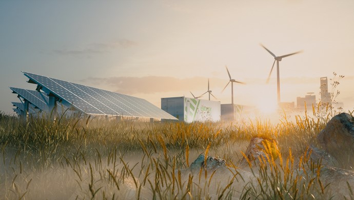 Concept Renewable Energy Solution Beautiful Morning Light Installation Solar Power Plant Container Battery Energy Storage Systems Wind Turbine Farm City Background 3D Rendering