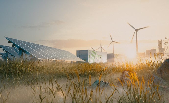 Concept Renewable Energy Solution Beautiful Morning Light Installation Solar Power Plant Container Battery Energy Storage Systems Wind Turbine Farm City Background 3D Rendering